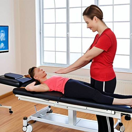 Home 19 **A modern physiotherapy practice:** Show a bright and welcoming physiotherapy clinic with a therapist guiding a patient through an exercise. Include elements of modern technology, such as a tablet displaying exercise instructions, and emphasize a personalized treatment approach. The overall atmosphere should be professional and supportive.