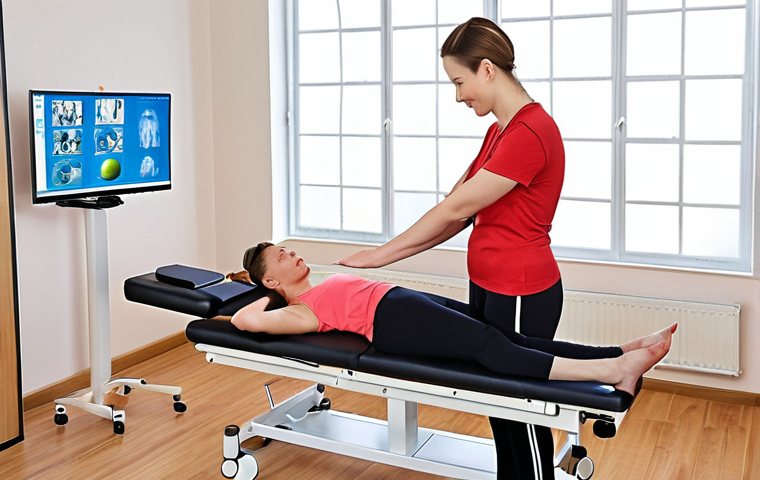 **A modern physiotherapy practice:** Show a bright and welcoming physiotherapy clinic with a therapist guiding a patient through an exercise. Include elements of modern technology, such as a tablet displaying exercise instructions, and emphasize a personalized treatment approach. The overall atmosphere should be professional and supportive.