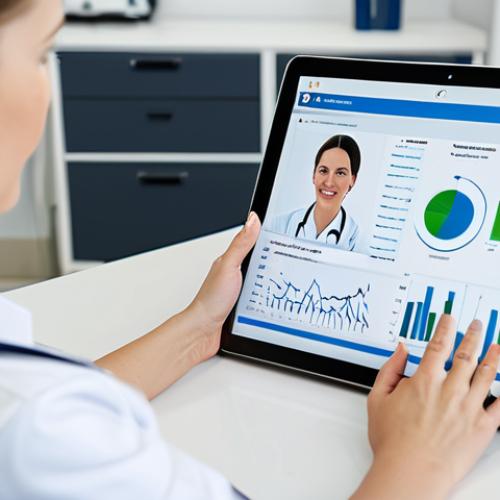 Home 10 A professional female physiotherapist in her late 30s, wearing a modest, professional polo shirt and comfortable medical trousers, sits at a clean, modern desk in a well-lit clinic office. She is focused on a large tablet, participating in an online professional development course, with a subtle digital interface visible. A blurred background suggests a modern, tidy clinical environment. The image emphasizes dedication to continuous learning and the use of digital resources in a healthcare setting. Perfect anatomy, correct proportions, natural pose, well-formed hands, proper finger count, natural body proportions, high-quality, professional photography. safe for work, appropriate content, fully clothed, professional.