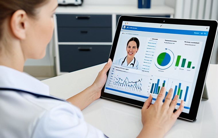 A professional female physiotherapist in her late 30s, wearing a modest, professional polo shirt and comfortable medical trousers, sits at a clean, modern desk in a well-lit clinic office. She is focused on a large tablet, participating in an online professional development course, with a subtle digital interface visible. A blurred background suggests a modern, tidy clinical environment. The image emphasizes dedication to continuous learning and the use of digital resources in a healthcare setting. Perfect anatomy, correct proportions, natural pose, well-formed hands, proper finger count, natural body proportions, high-quality, professional photography. safe for work, appropriate content, fully clothed, professional.