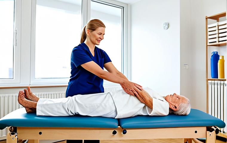 **

"A compassionate physiotherapist demonstrating a gentle stretching exercise to a senior patient in a bright, modern rehabilitation clinic, fully clothed, appropriate attire, safe for work, perfect anatomy, natural proportions, professional setting, focus on patient well-being, modest, family-friendly, German clinic environment."

**