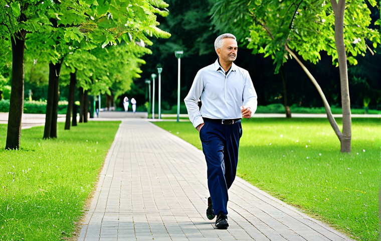 물리치료사의 일과 삶의 균형 - Active Break**
"A fully clothed physiotherapist in professional attire takes a brisk walk in a park...