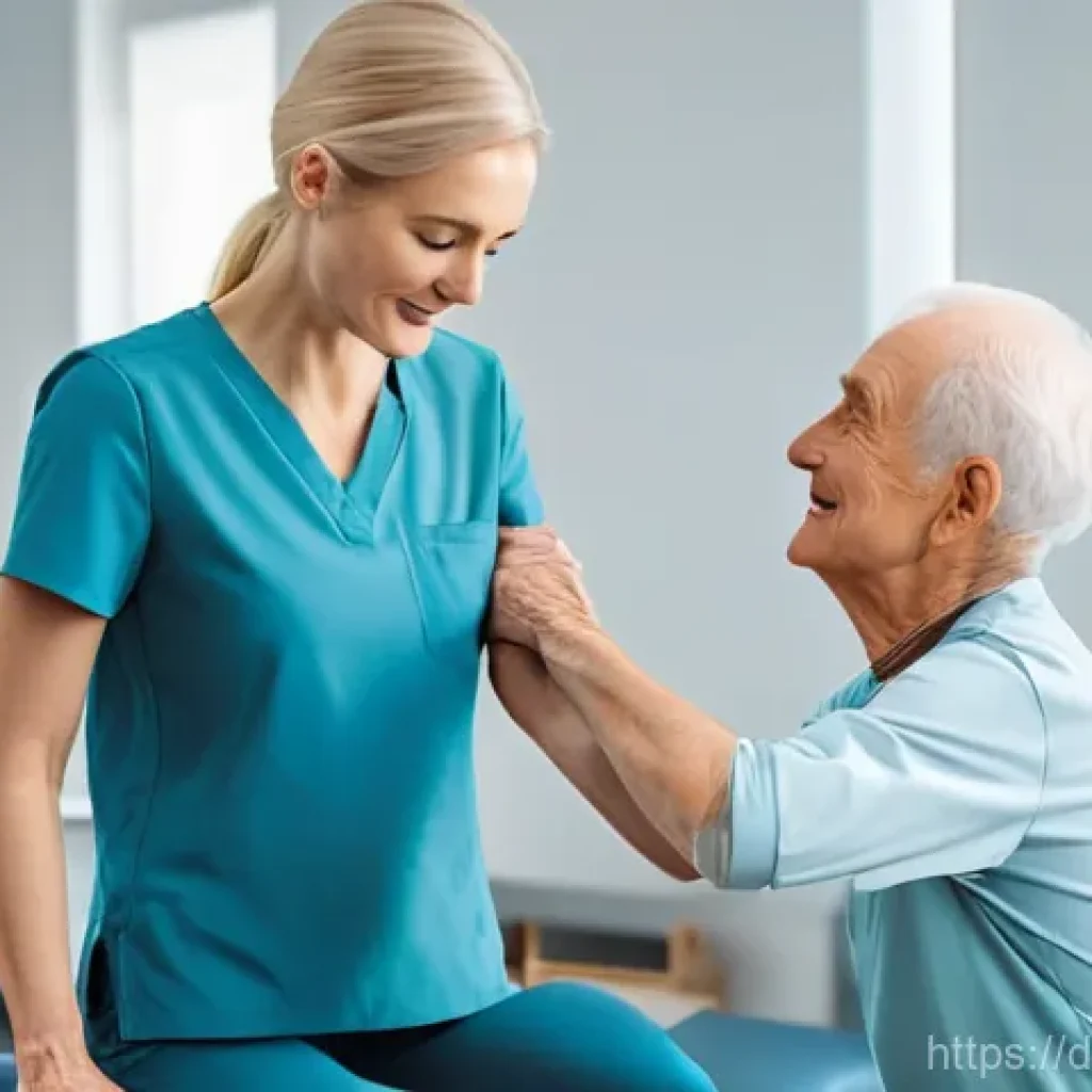 물리치료사와 요양원 근무 - A deeply empathetic scene set in a modern German physiotherapy clinic. A female physiotherapist, dre...