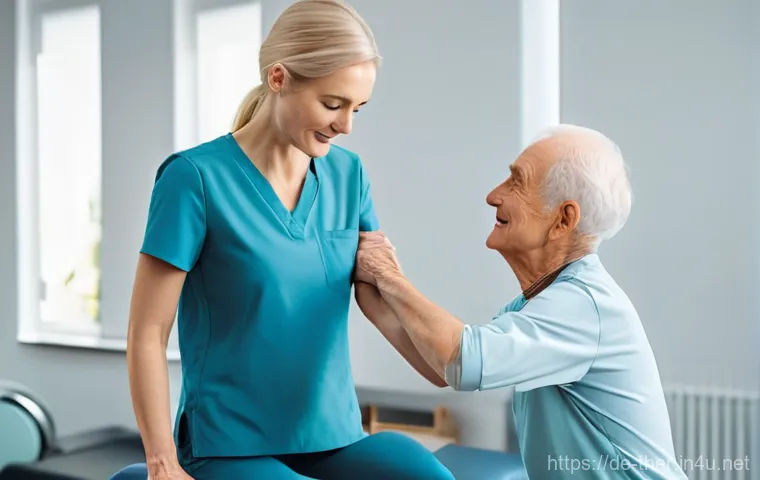 물리치료사와 요양원 근무 - A deeply empathetic scene set in a modern German physiotherapy clinic. A female physiotherapist, dre...