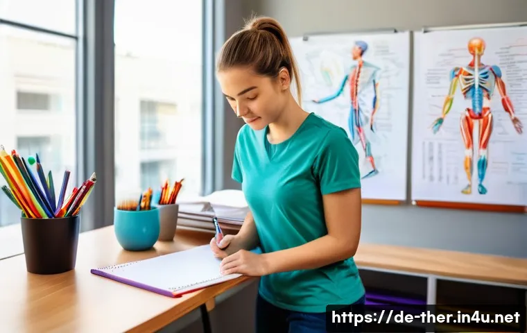 물리치료사의 효율적 공부 방법 - **Prompt 1: Active Recall and Visual Learning**
"A young female physiotherapy student, in her ea...