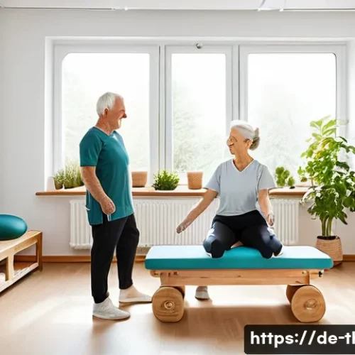 Home 13 물리치료사의 재활용품 활용 아이디어 - A cozy physiotherapy room in a German clinic, showcasing sustainable therapy tools made from everyda...