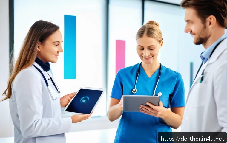 물리치료사의 업무 일지 활용법 - A modern physiotherapy clinic office scene showing a diverse team of professionals collaborating aro...