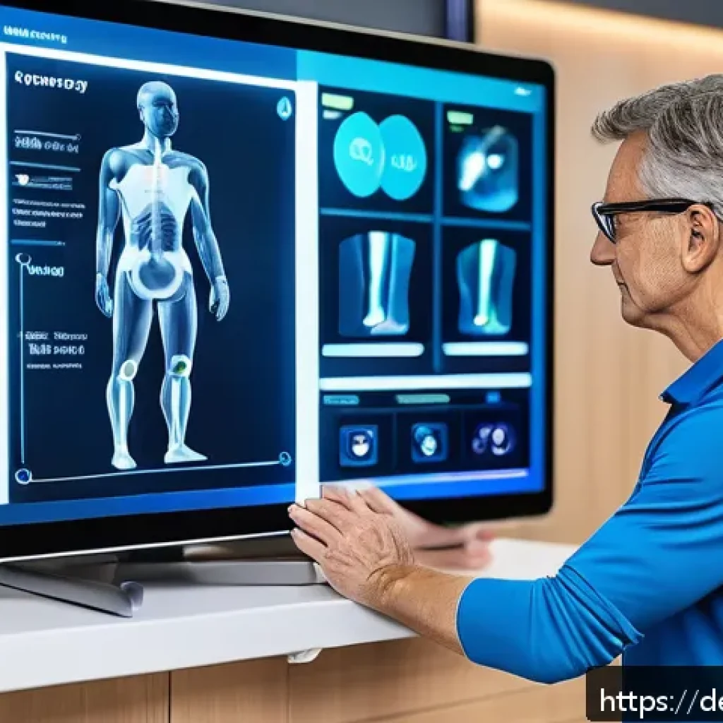 물리치료사의 최신 기술 도입 사례 - A modern physiotherapy clinic setting in Germany featuring a middle-aged patient wearing smart weara...