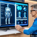 물리치료사의 최신 기술 도입 사례 - A modern physiotherapy clinic setting in Germany featuring a middle-aged patient wearing smart weara...