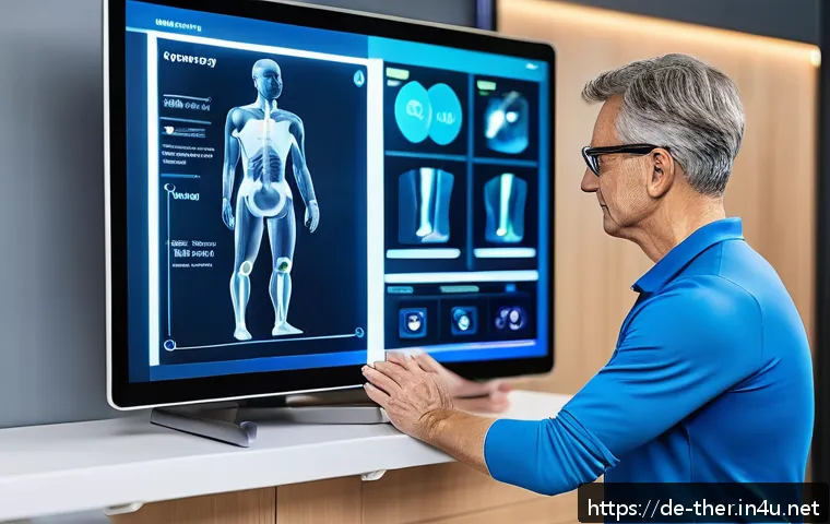 물리치료사의 최신 기술 도입 사례 - A modern physiotherapy clinic setting in Germany featuring a middle-aged patient wearing smart weara...