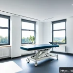 물리치료사의 직업 병 예방 방법 - A modern physiotherapy treatment room in Germany featuring a sleek, height-adjustable treatment tabl...