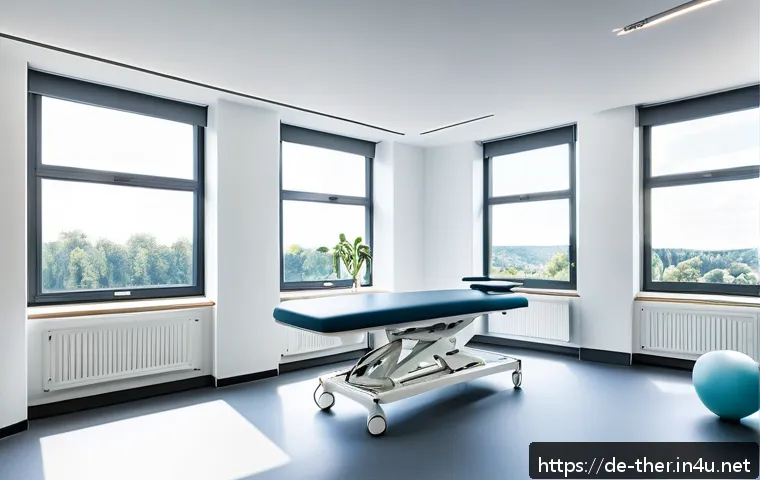물리치료사의 직업 병 예방 방법 - A modern physiotherapy treatment room in Germany featuring a sleek, height-adjustable treatment tabl...