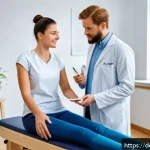 물리치료사 실습생 멘토링 - A professional physiotherapy mentoring session in a modern German clinic, showing a young intern wea...
