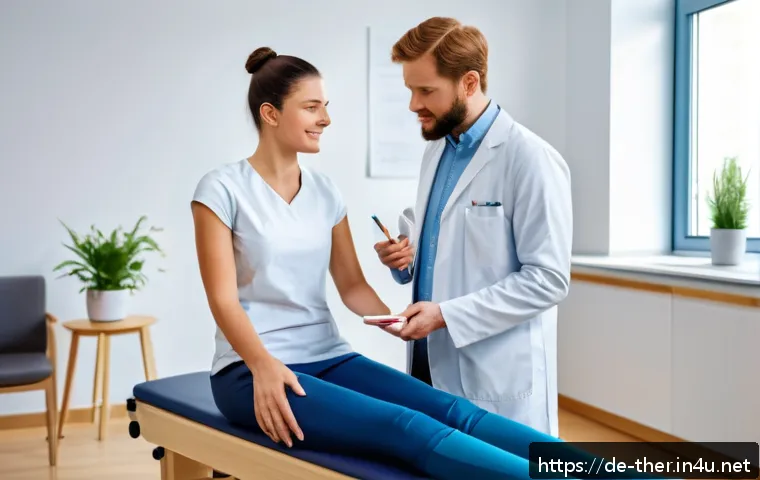 물리치료사 실습생 멘토링 - A professional physiotherapy mentoring session in a modern German clinic, showing a young intern wea...