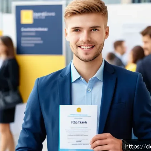 물리치료사의 취업 박람회 후기 - A professional young adult attending a career fair in Munich, dressed neatly in business casual atti...
