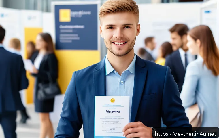 물리치료사의 취업 박람회 후기 - A professional young adult attending a career fair in Munich, dressed neatly in business casual atti...