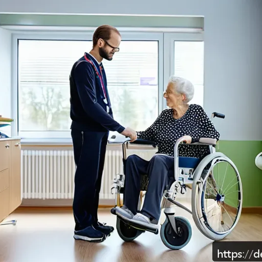 물리치료사의 병원 근무 사례 - A bright and modern hospital physiotherapy room in Germany, showing a physiotherapist in professiona...