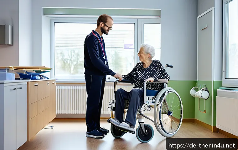 물리치료사의 병원 근무 사례 - A bright and modern hospital physiotherapy room in Germany, showing a physiotherapist in professiona...