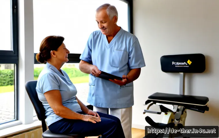Home 17 물리치료사의 운동 지침 제작법 - Photorealistic German physiotherapy clinic, a middle-aged physiotherapist in clean professional atti...