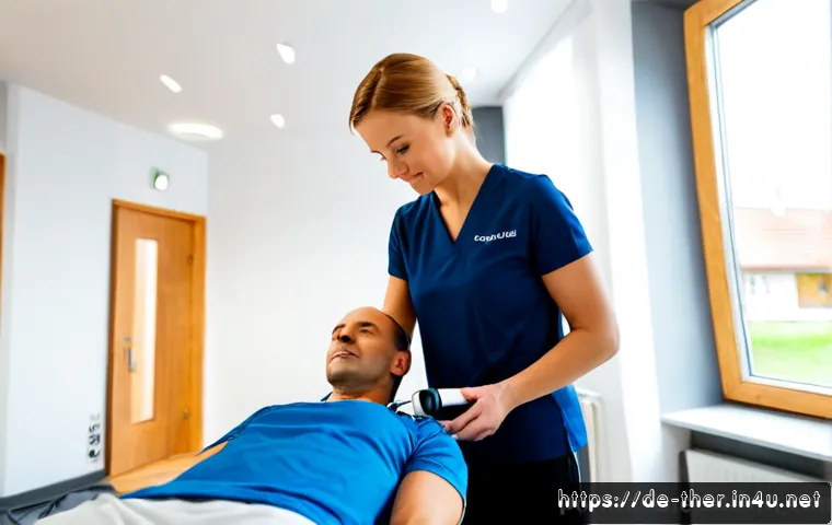 물리치료사의 최신 임상 기술 도입 - Photorealistic modern physiotherapy clinic in Germany, experienced therapist using a handheld muscul...