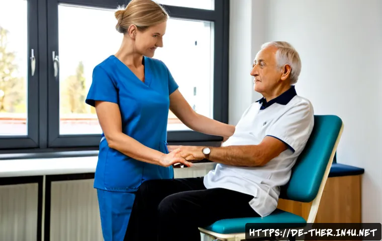 물리치료사의 심리적 지지 역할 - Photorealistic physiotherapy clinic in Germany, compassionate middle-aged physical therapist in clea...