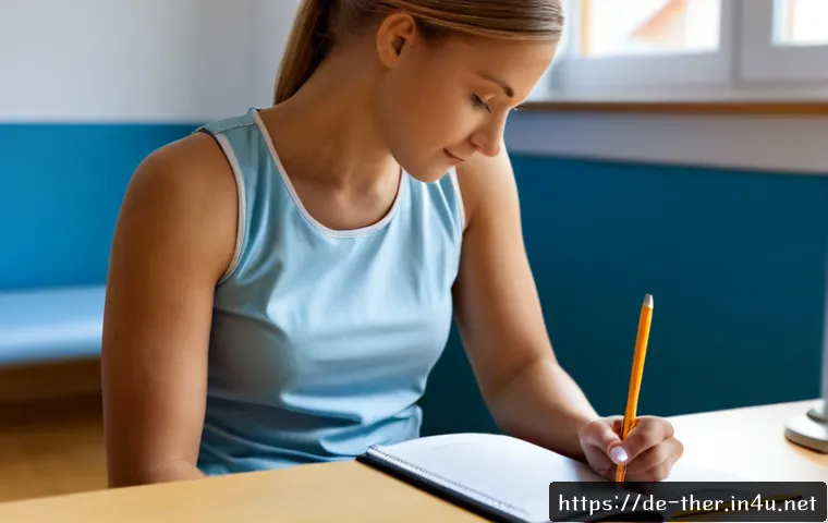 물리치료사의 실습 일지 작성법 - Photorealistic German physiotherapy student seated at a clean clinic desk, carefully writing a clini...
